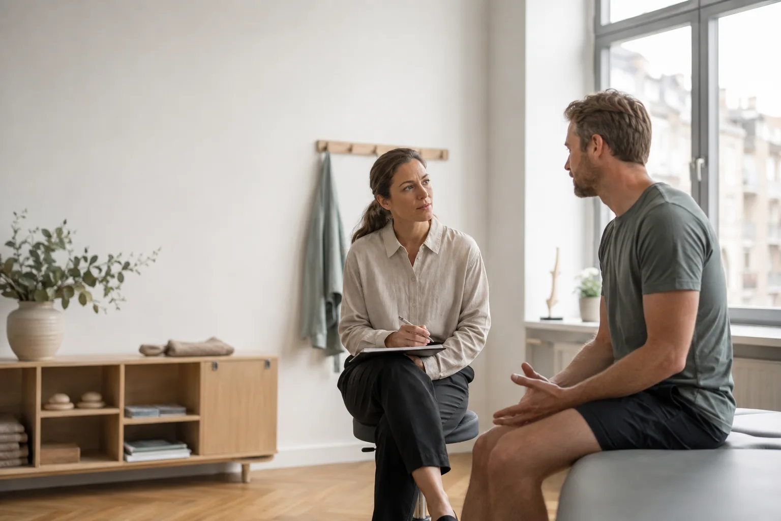 A physiotherapist talking with a client in a bright clinic
