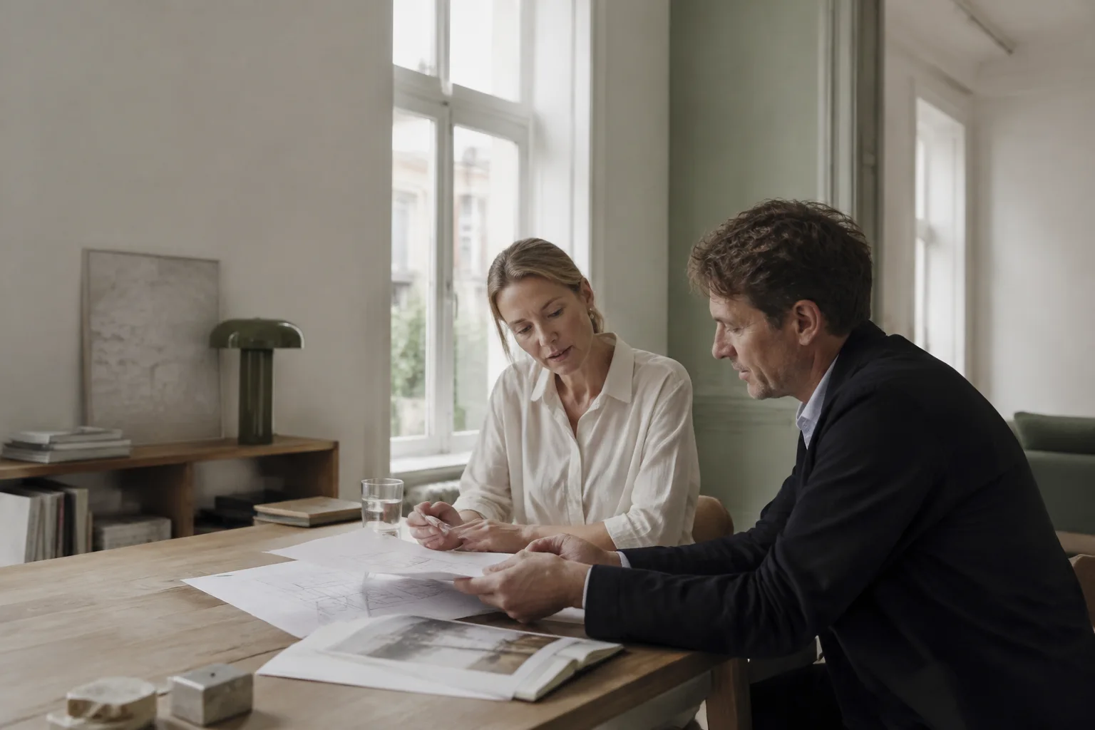 Two professionals reviewing a plan at a work table