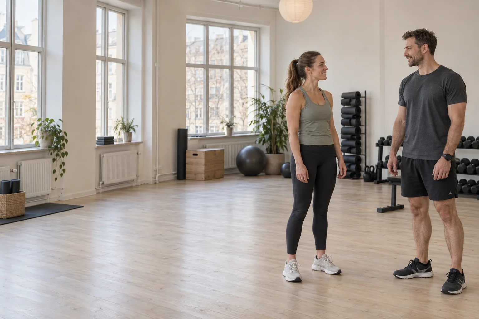 En træner og et medlem taler sammen mellem øvelser i et lyst fitnessstudio