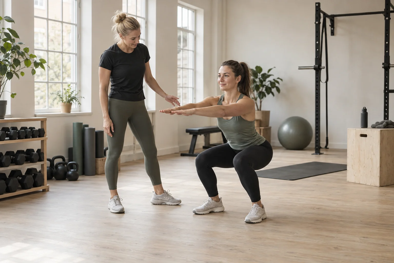 A trainer coaching a client through a squat in a bright fitness studio