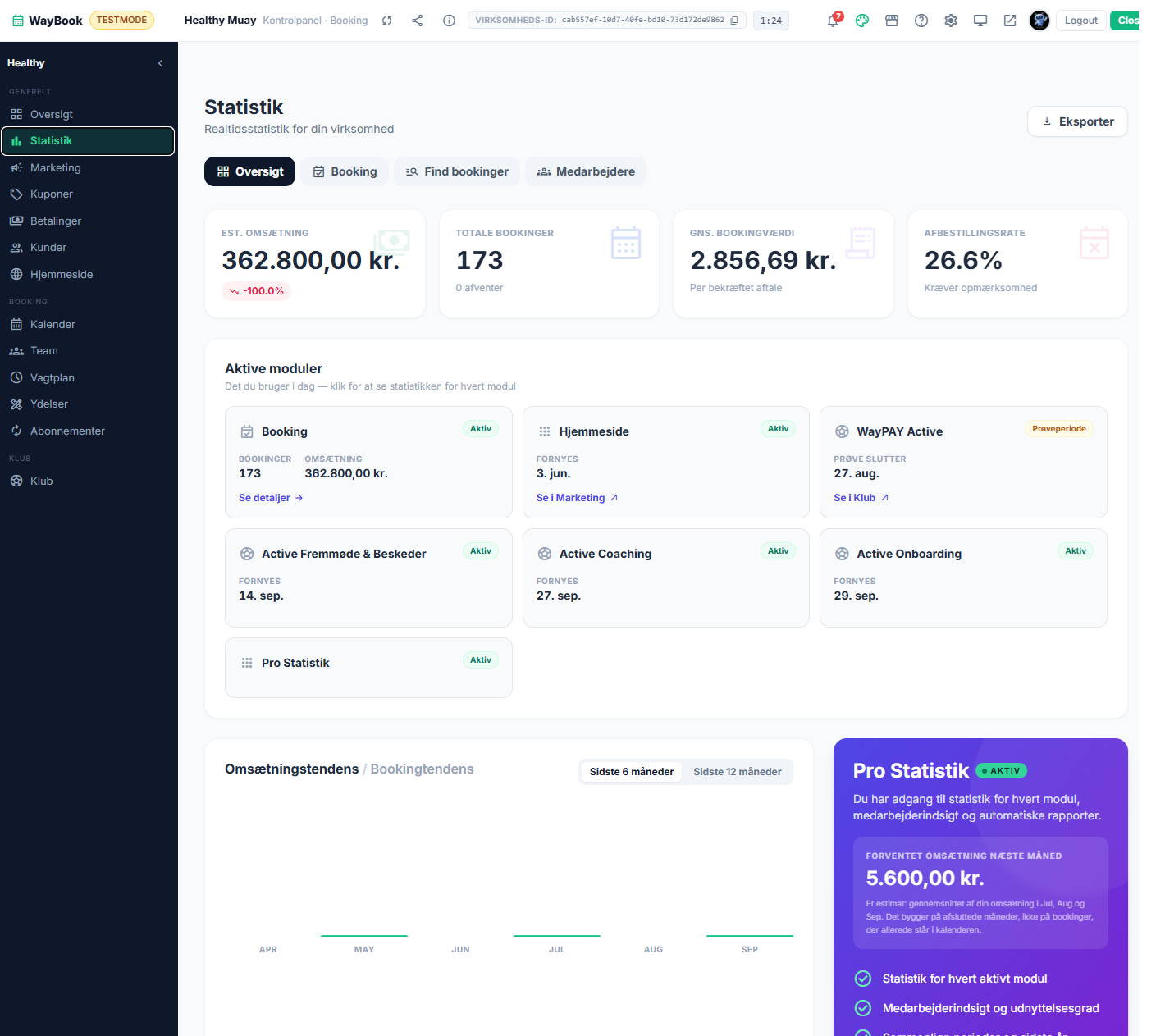 WayPAY statistics page showing booking counts, business figures and modules in test mode