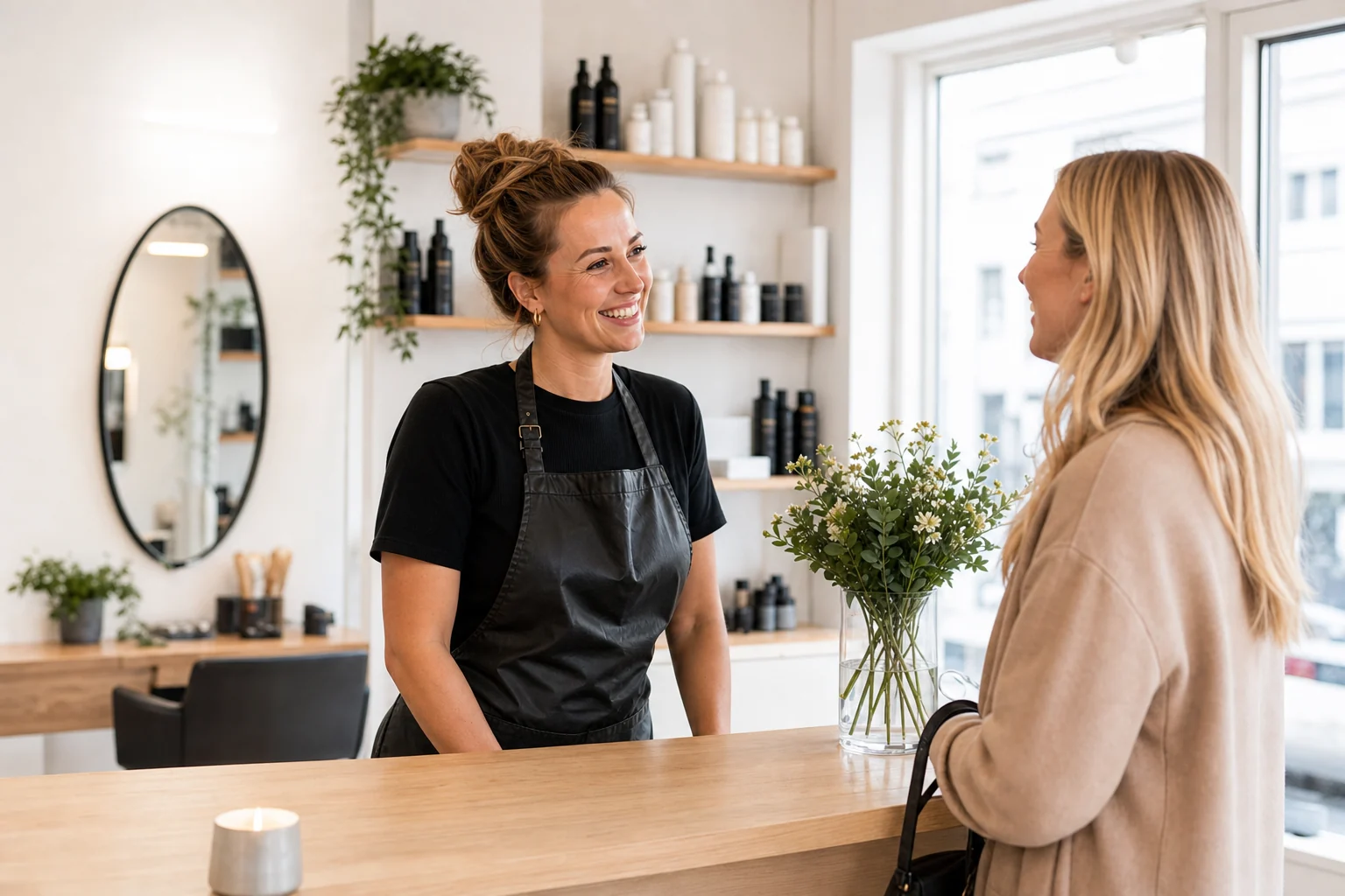 Illustrationsfoto af en salonindehaver, der tager imod en kunde